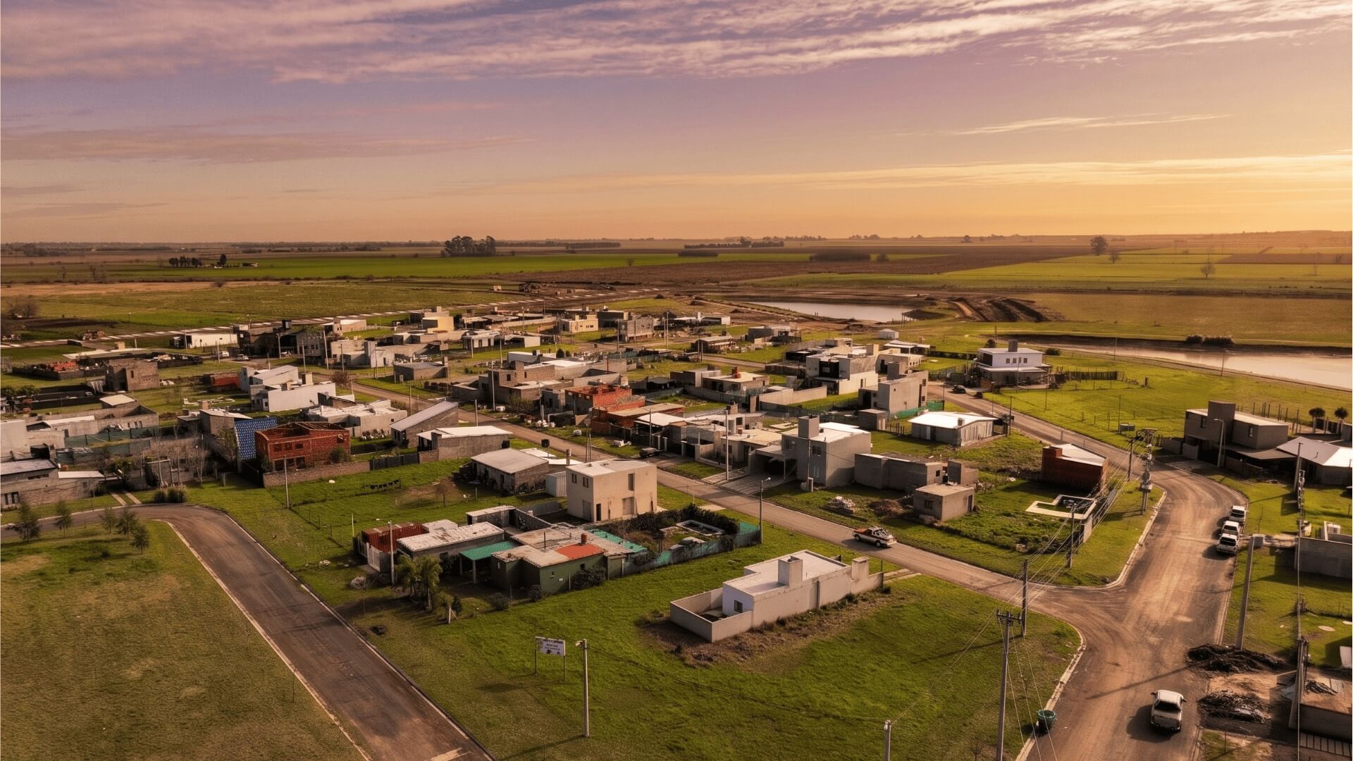 Vista aérea de un loteo residencial al atardecer rodeado de campos verdes